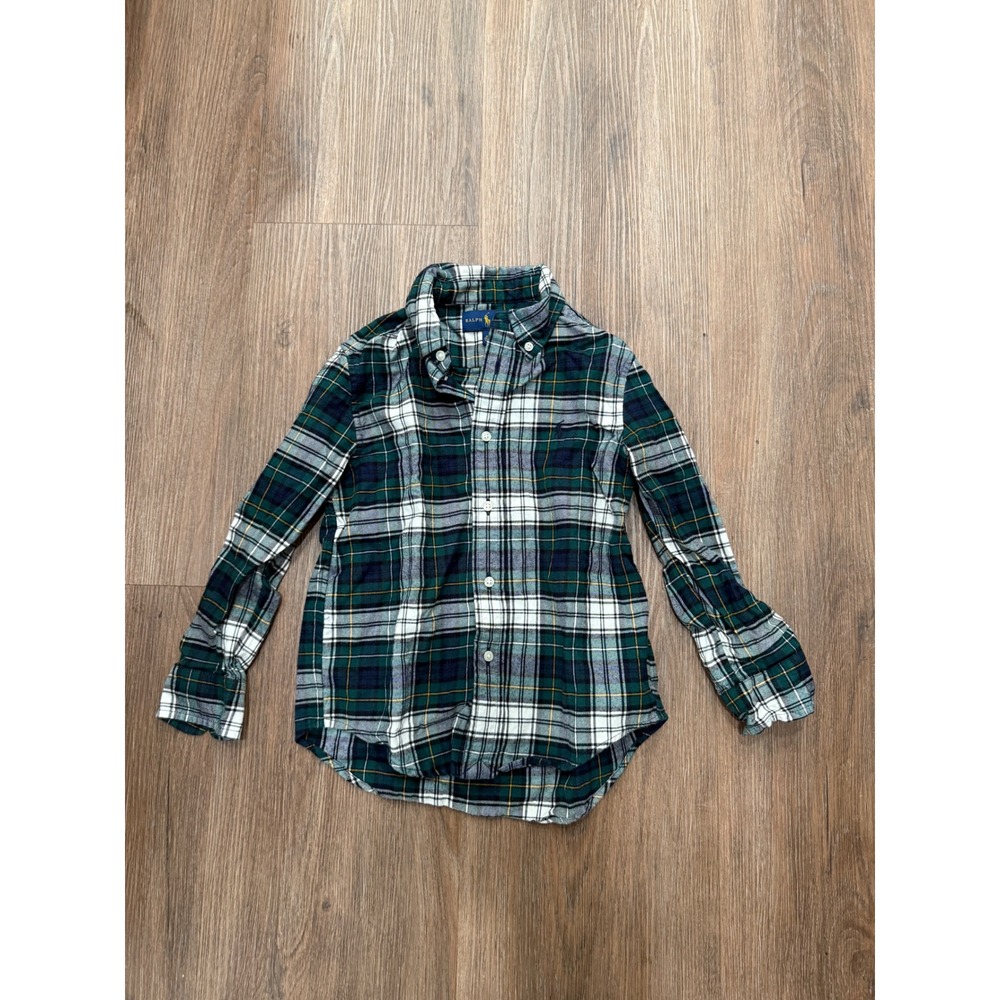 Ralph Lauren Kids Green White Plaid Flannel Button Down Shirt Size 5 Pony Logo